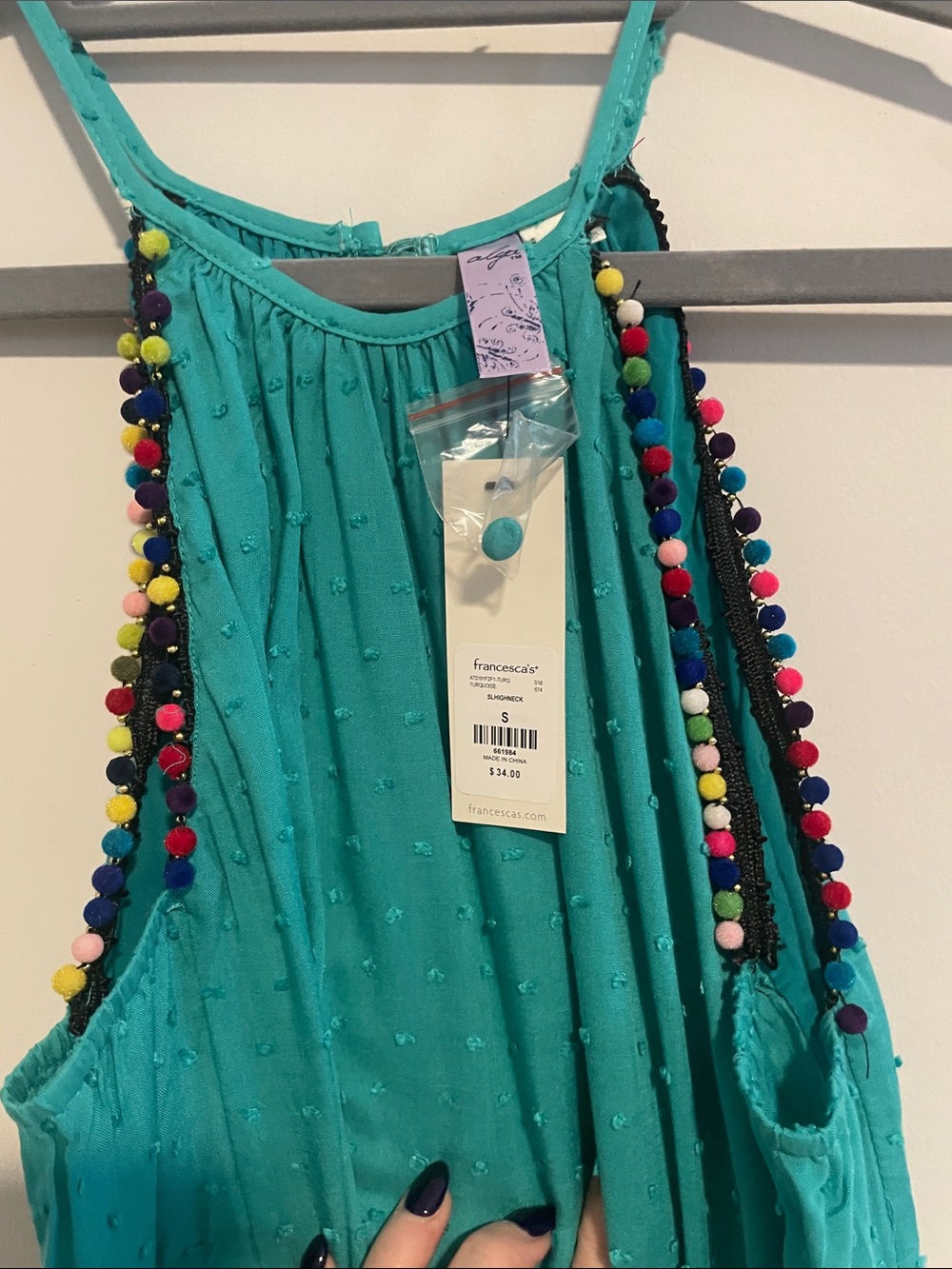 Francesca's Collections Teal Tank Top with Multicolor Pom Trim